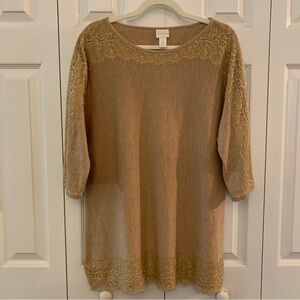 Chico’s Lace Trim Women's Tan Sweater 3/4 Dolman Sleeve Top